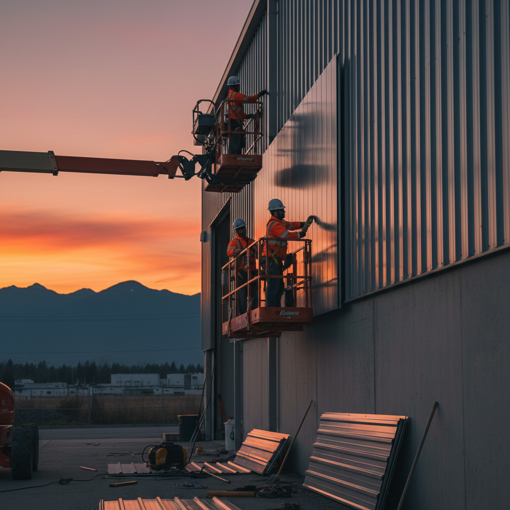 Fraser Roofing Ltd. union sheet metal crew installing commercial metal cladding panels on a warehouse in British Columbia