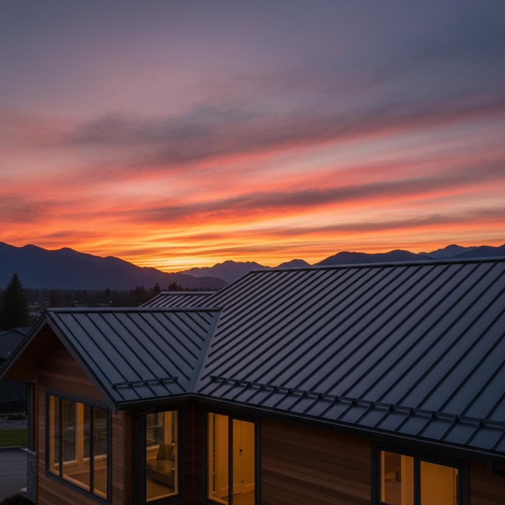 Premium standing seam metal roof on a Fraser Valley BC home at sunset with Fraser Valley mountain backdrop by Fraser Roofing Ltd.