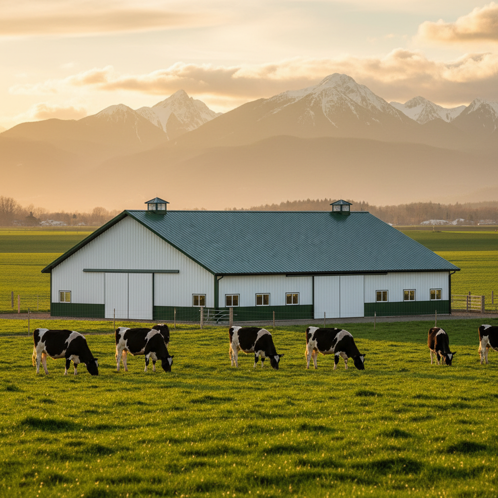Newly completed Fraser Valley dairy barn with green metal roof and white metal siding installed by Fraser Roofing