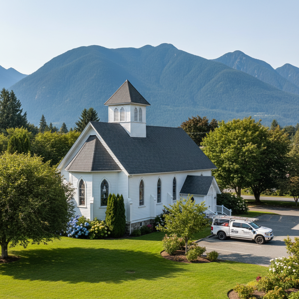 Traditional Canadian community church with new dark architectural asphalt roof in the Fraser Valley BC