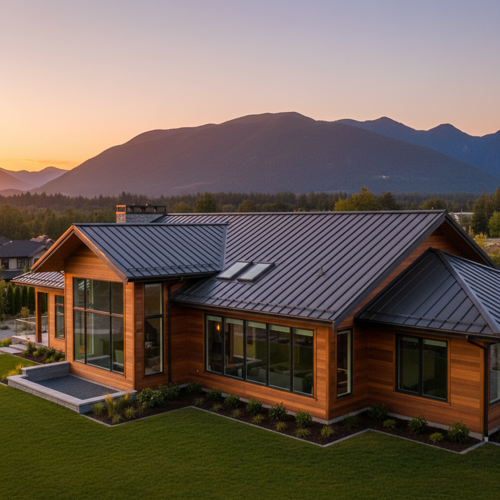 Premium charcoal standing seam metal roof on a modern custom home in the Fraser Valley BC at sunset