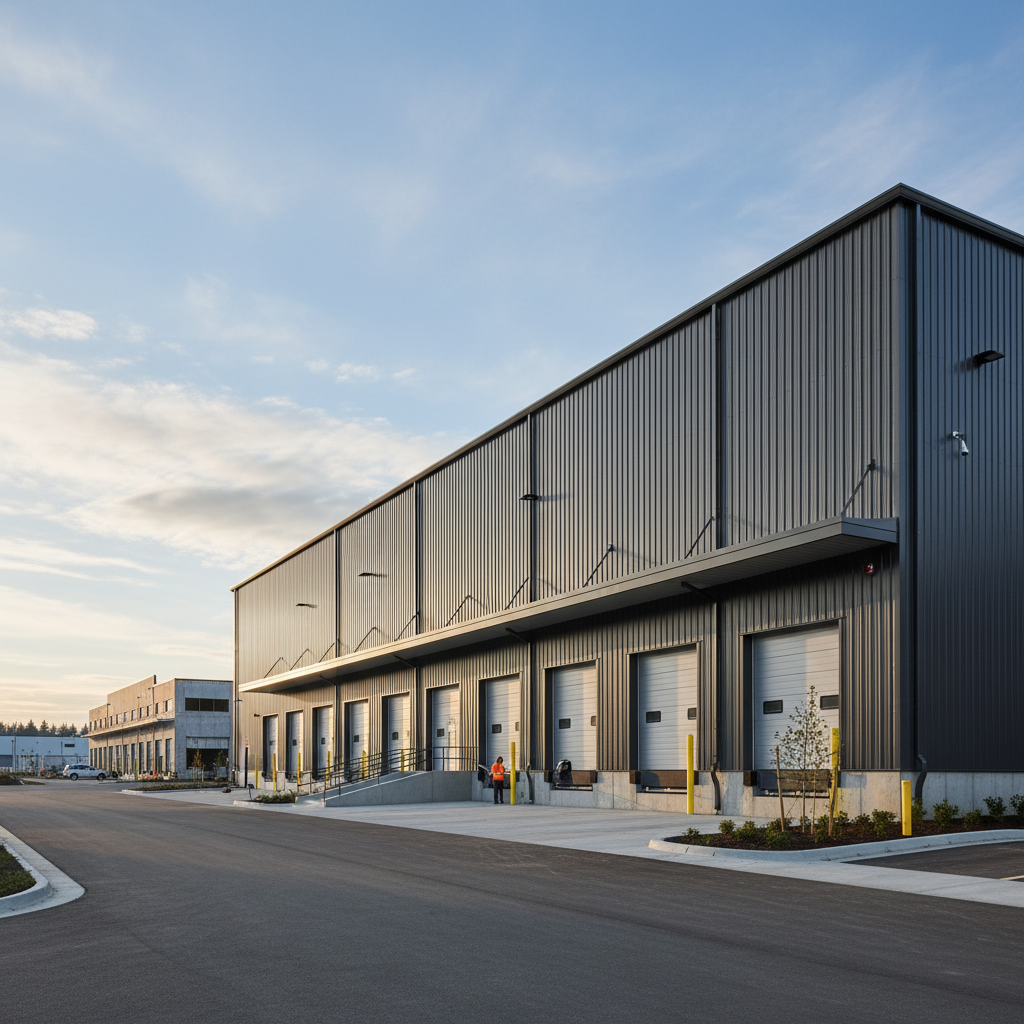Fraser Roofing completed metal siding on a modern industrial warehouse in the Fraser Valley BC with charcoal ribbed cladding