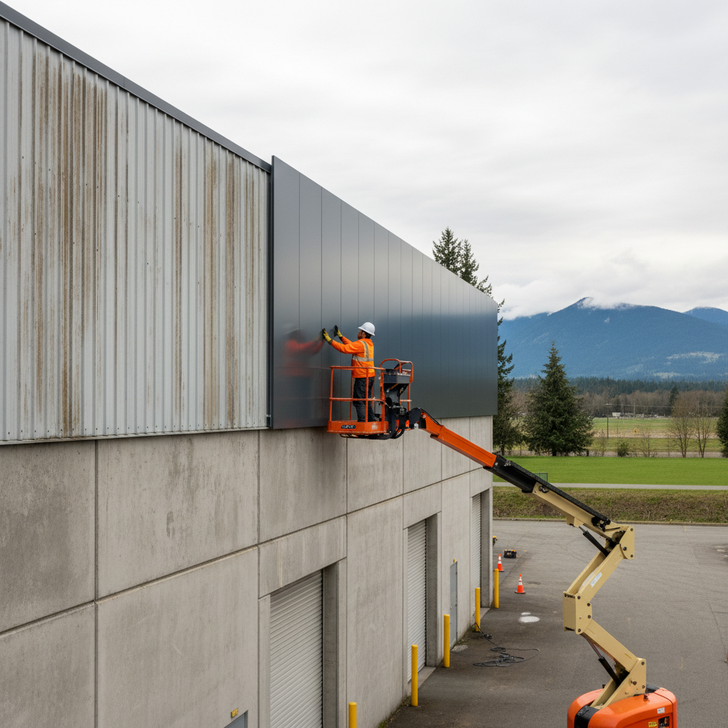 Fraser Roofing worker on an aerial lift replacing colour-matched metal panels on a light industrial building