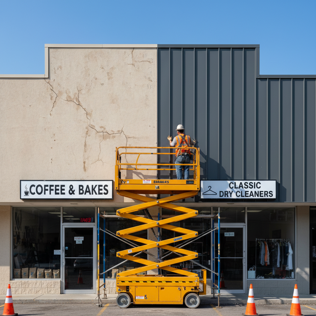 Fraser Roofing re-cladding a commercial strip mall with new charcoal metal panels using a scissor lift