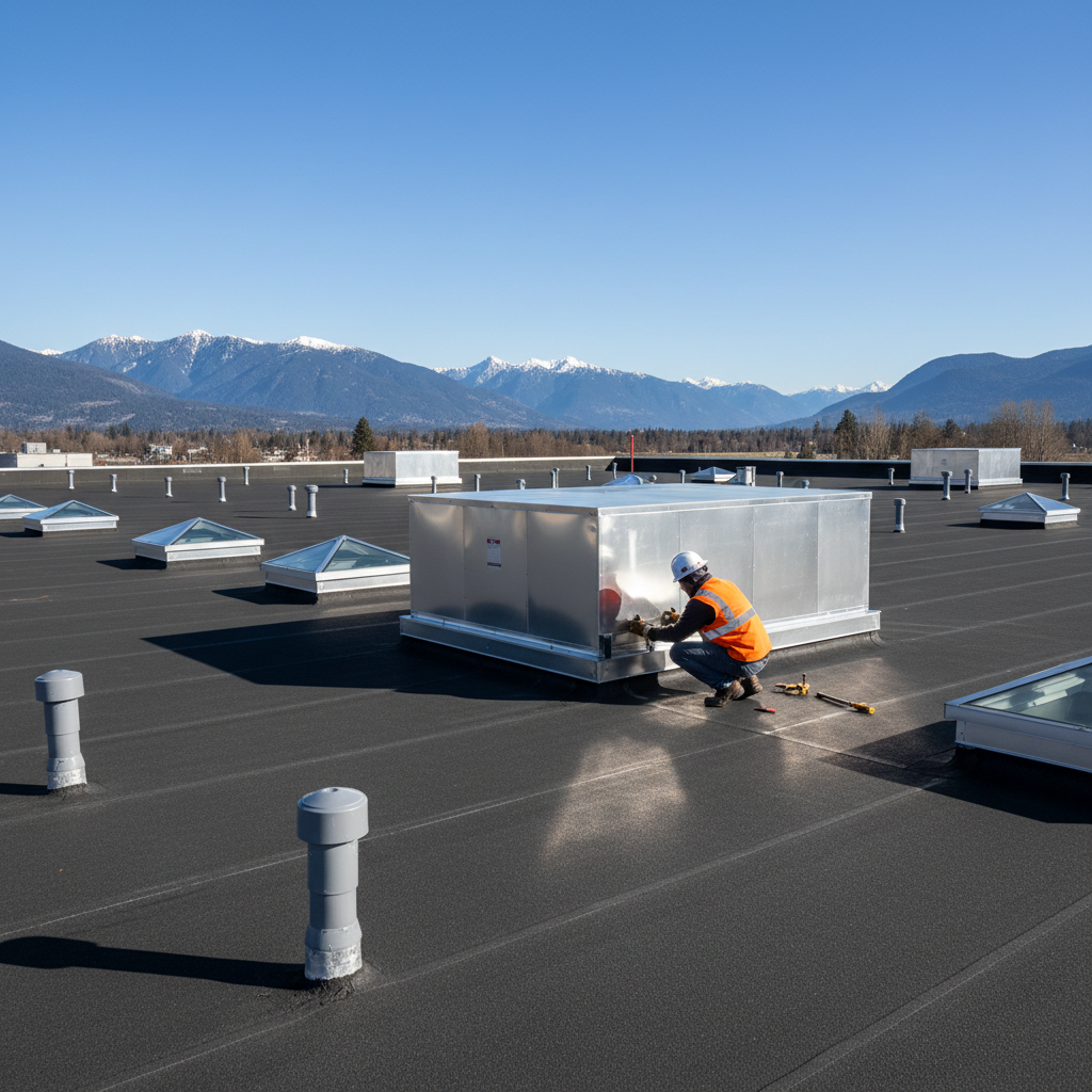 Fraser Roofing worker installing HVAC curb flashing on a commercial rooftop in the Fraser Valley BC