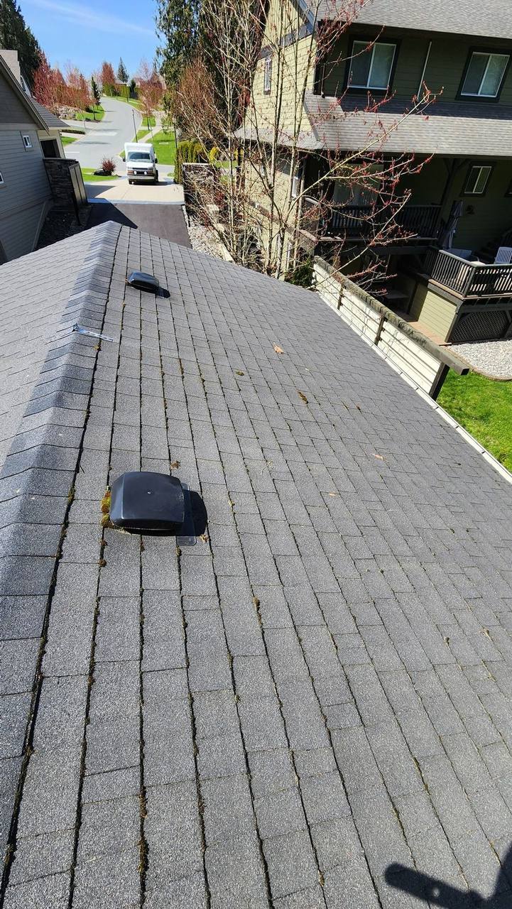 Gray asphalt shingle roof completed by Fraser Roofing in Fraser Valley BC showing professional installation quality, medium gray tones perform best for Fraser Valley climate