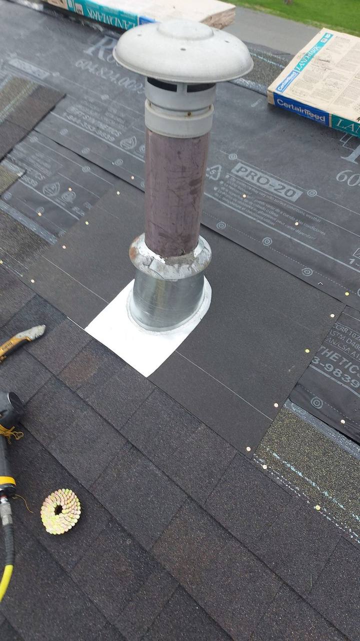 Pipe boot vent flashing installed over CertainTeed PRO-20 synthetic underlayment during residential roof replacement by Fraser Roofing in the Fraser Valley