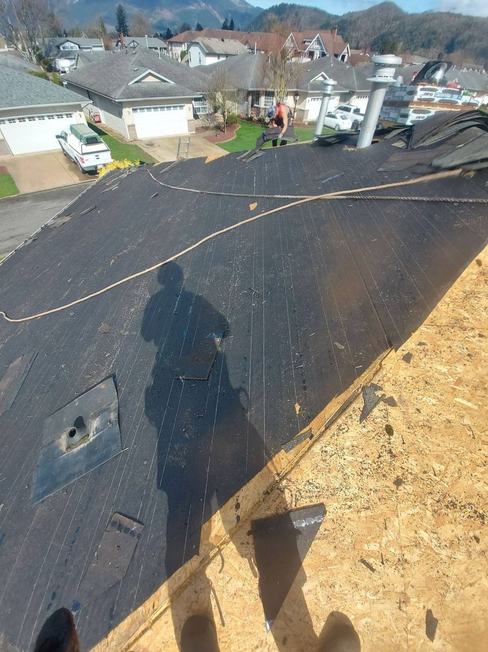 Fraser Roofing crew installing synthetic underlayment on exposed OSB roof decking during a residential re-roof in the Fraser Valley, BC, with mountains visible in the background