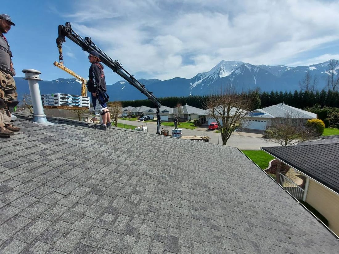 New roof sheathing going on, Fraser Valley mountains behind