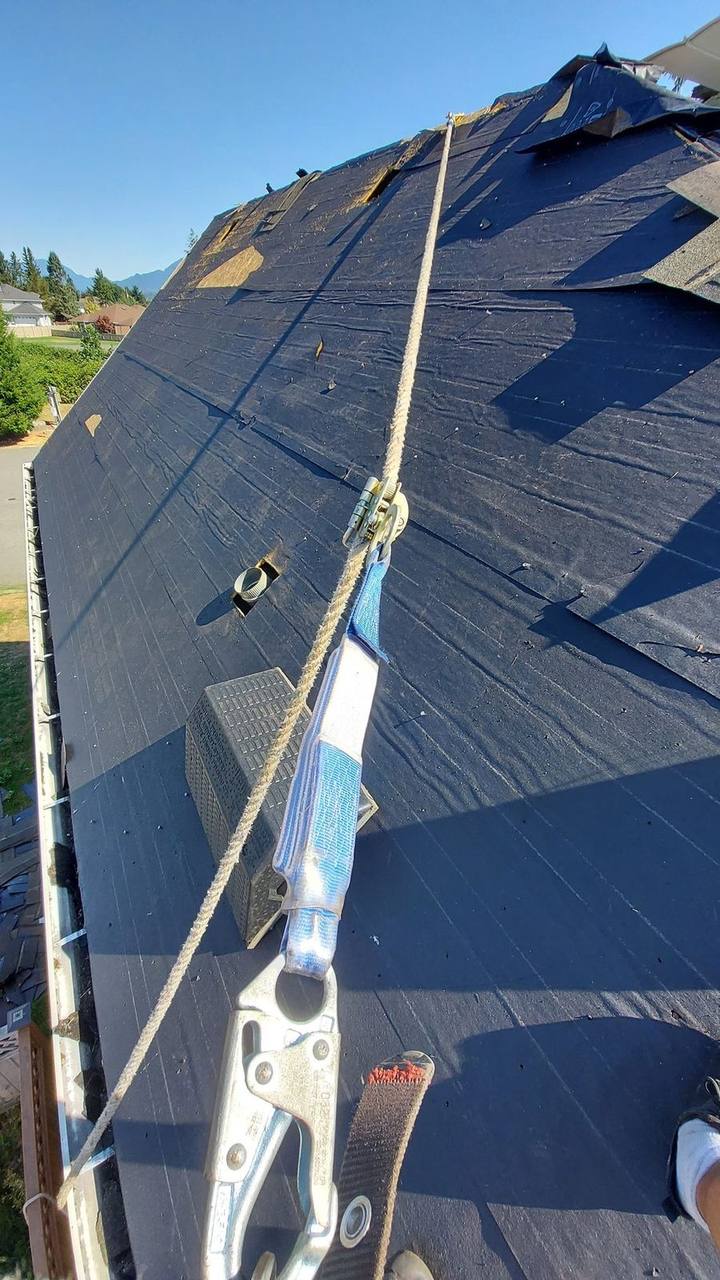 Synthetic underlayment installed on a steep-pitch residential roof in the Fraser Valley with fall protection rope line. Fraser Roofing uses tear-resistant synthetic underlayment across the full deck for superior moisture protection before shingle installation begins.