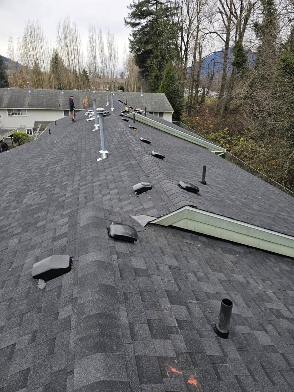 Completed strata complex re-roof in Chilliwack BC showing dark charcoal architectural shingles with turtle vents along the ridge line and metal flashing work by Fraser Roofing