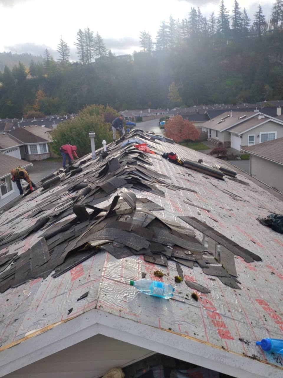 Freshly torn shingles piled on a residential roof in Chilliwack during wind damage repair by Fraser Roofing
