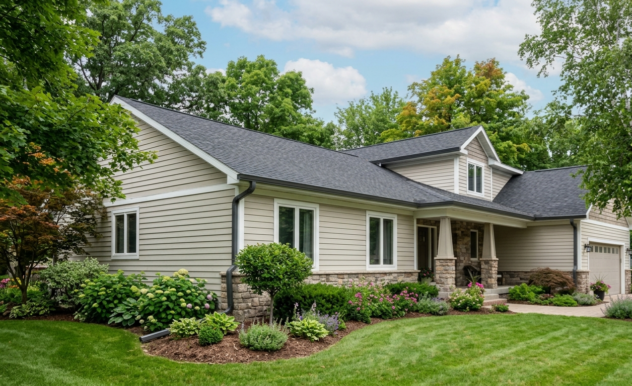 Seamless aluminum gutter system installed on a Fraser Valley home