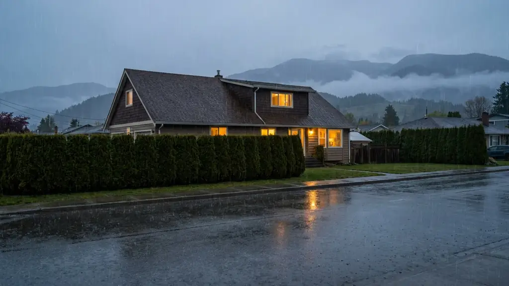 House with a dark shingle roof in heavy evening rain, lights on inside. Fraser Roofing