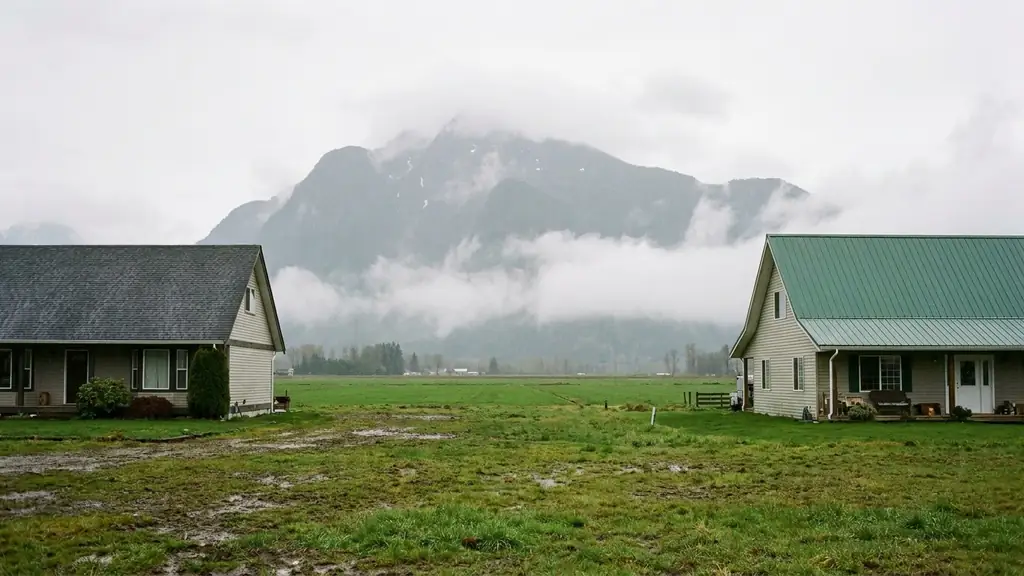 Farmhouses with an asphalt shingle roof and a green metal roof below Mount Cheam, Chilliwack. Fraser Roofing