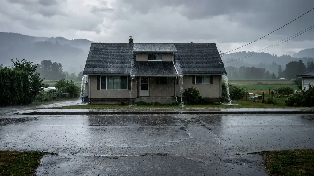 House with a dark shingle roof in pouring rain, water running from the gutters. Fraser Roofing