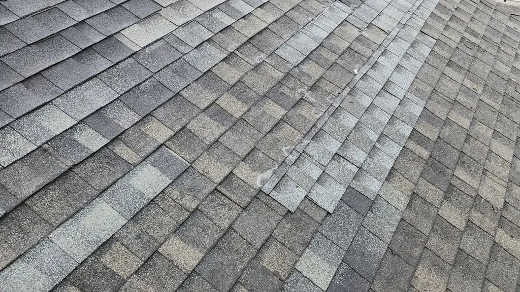 Townhouse roof slope with new replacement shingles after a wind damage repair. Fraser Roofing