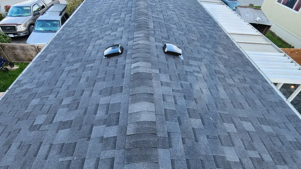 Standing on the ridge of a long gray dimensional shingle roof in a mobile home park, with two chrome-finish roof vents and autumn trees around. Fraser Roofing