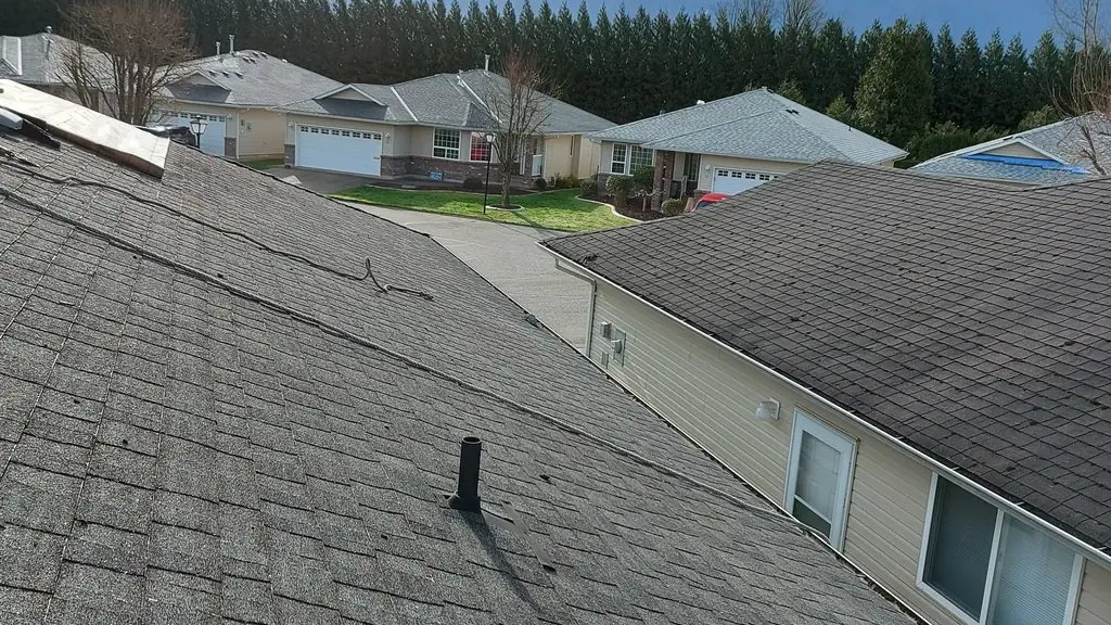 A view along a roof ridge with worn, granule-thin asphalt shingles and a vent pipe in the foreground, looking out toward snow-capped mountains. Fraser Roofing