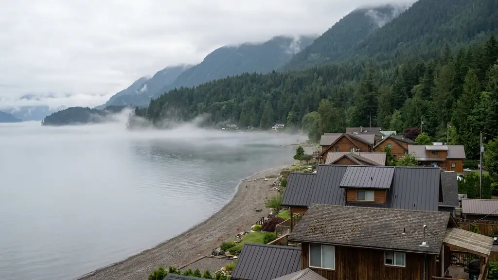 Lakeside homes with metal and shingle roofs on Harrison Lake, Harrison Hot Springs. Fraser Roofing