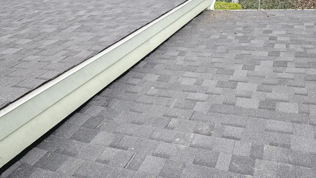 A grey asphalt shingle roof edge meets a cream-colored fascia board in this shot, overlooking a fenced yard with bare shrubs and small trees. Fraser Roofing