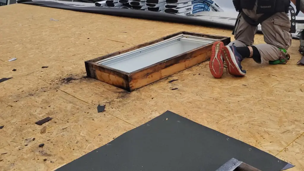 A worker kneels at a skylight opening on a bare plywood roof deck, with a section of the deck covered in black synthetic underlayment. Fraser Roofing