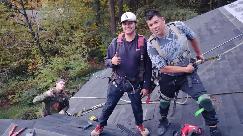 Three roofers pose together on a partially torn-off asphalt shingle roof in autumn. Fraser Roofing