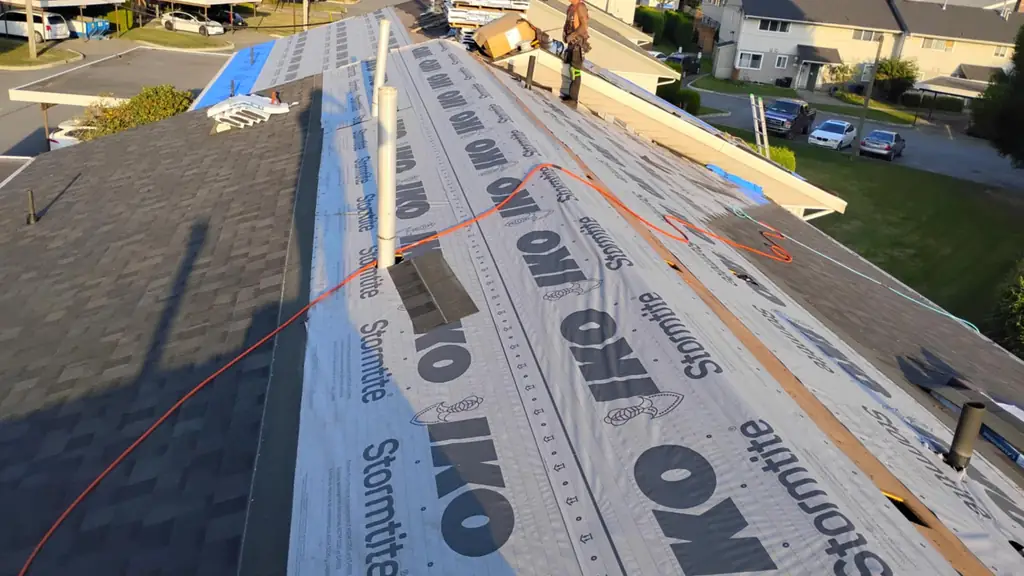 Ridge-top view of a complex re-roof in warm, low evening light. Fraser Roofing