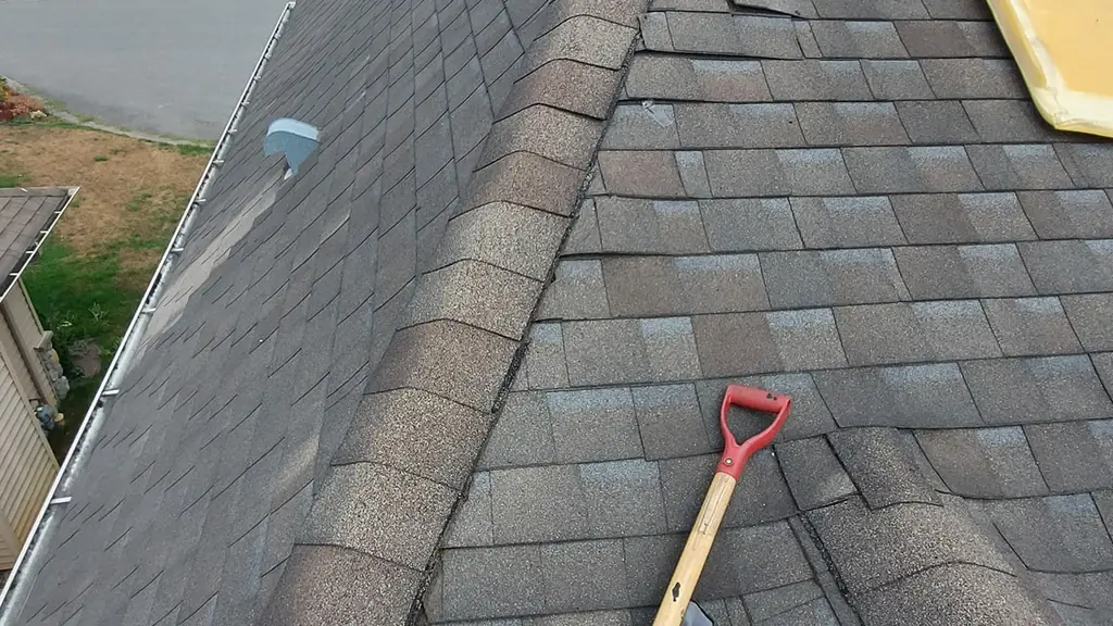 A roof hip edge with grey-brown architectural shingles shows some tabs lifted and slightly damaged near the ridge. Fraser Roofing