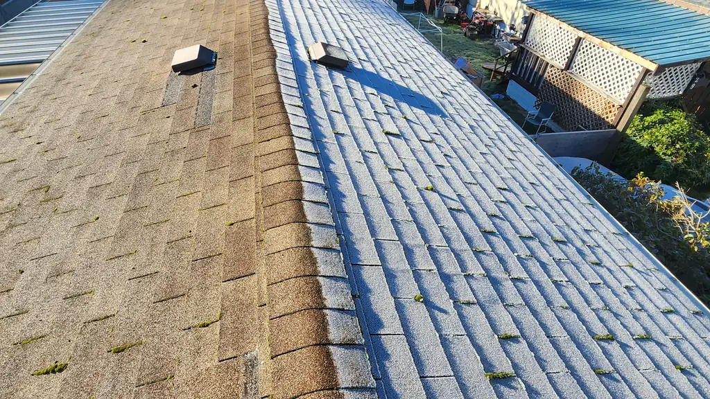 A long ridgeline shot where the left slope of asphalt shingles is sun-bleached tan and the right slope is still whitened with frost. Fraser Roofing