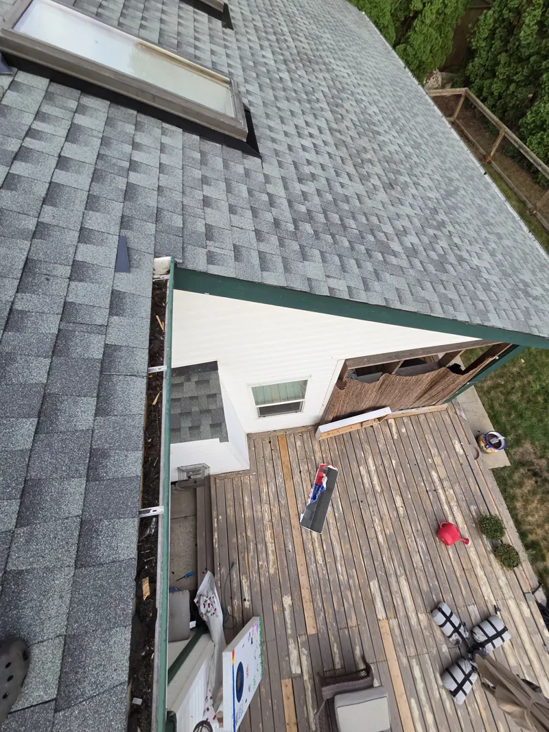 Skylight set into a finished shingle roof, from above